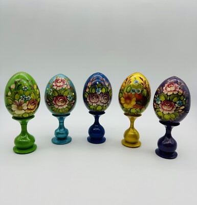Zhostovo Wood Easter Eggs, Floral Design, Painted by Hand 4.7'' - Set of 5