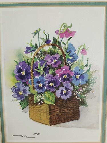 Vtg Framed Double Matted Flowers Purple Pansies Lu Fuller Numbered Print Signed - Picture 4 of 4