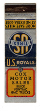 COX MOTOR SALES matchbook matchcover - US TIRES - CROWN