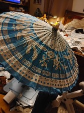 Bamboo Green Vintage Hand Painted Oriental Floral Silk Umbrella Parasol