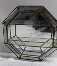 Beautiful Vintage Octagon Brass and Glass Curio Cabinet w/ Shelf Etched 11 x 11