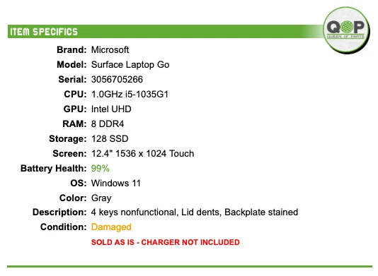 LLAVES DEFECTUOSAS: Microsoft Surface Laptop Go - 12.4" Táctil, 1.0GHz i5, 8 RAM, 128 SSD Foto 2 de 4