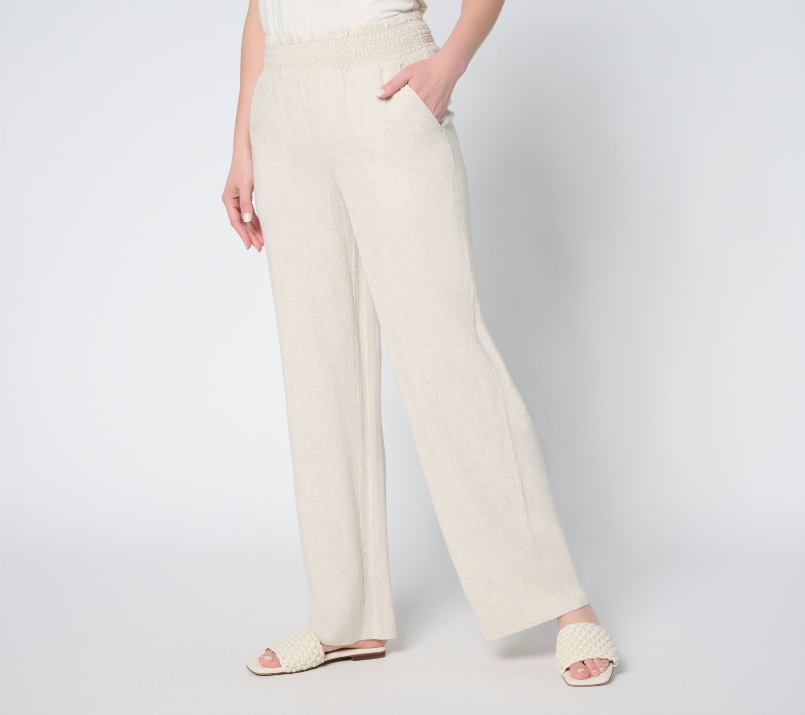 Fashion Women's Petite Pants 1XP Riviera Linen Smocked Waist Wide White A691836
