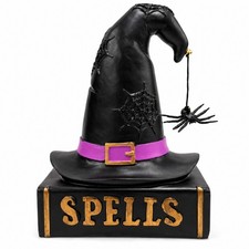 Halloween Witch Hat Spell Book Resin Figurine, Black Spider Web Witch's Hat with