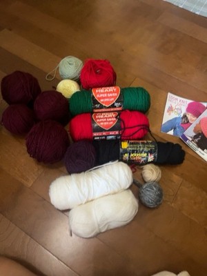 Mixed Yarn Lot Red Heart Super Saver Knitting Crochet Supplies + Pattern Book