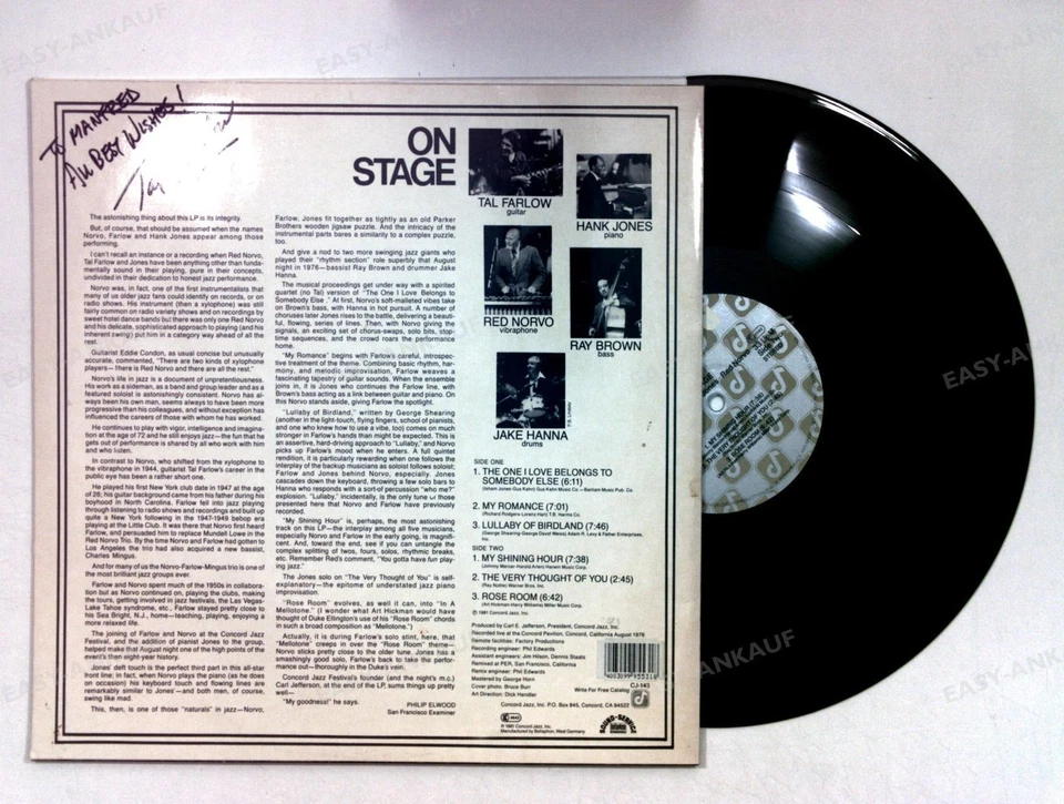 Tal Farlow, Hank Jones,Red Norvo, Ray Brown,Jake Hanna - On Stage US LP1981 '* - Image 2 of 2