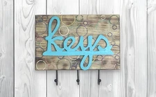 Shou Sugi Ban Wood Key Holder Turquoise Keys Sign Modern Entryway Wall Rack