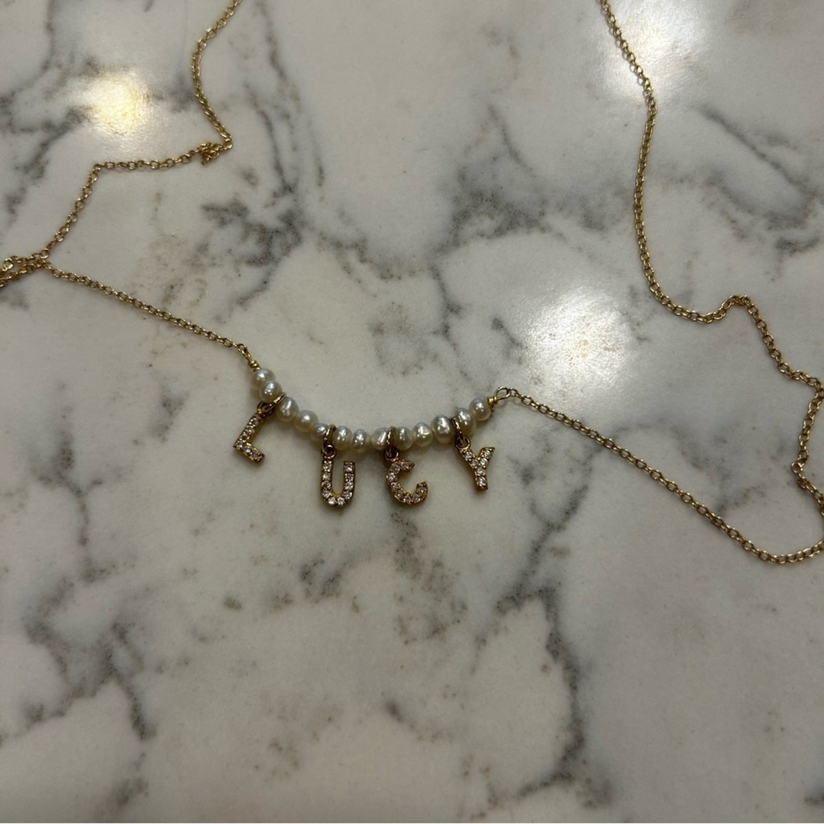 Lucy Name Necklace Gold Toned Faux Pearl View 2