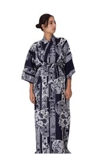 Japanese Kimono Open Front Robe Womens Sz S Belted Blue Floral Bamboo Japan Made