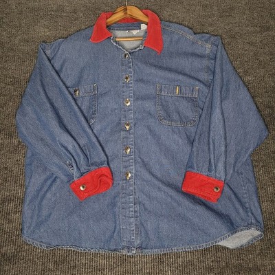 Vintage 90s Denim Shirt Long Sleeve Womens 26 Carolina Blues Prairie Corduroy 