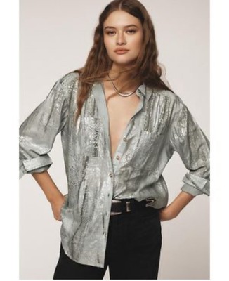 Anthropologie Pilcro Foil Shine Buttondown Shirt S grün