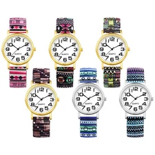 Women Bohemian Print Stretch Band Easy Reader Quartz Wrist Watch Stainless Steel