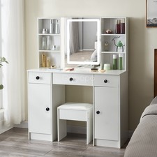 Image of 3 Drawers Makeup Desk Dressing Table With LED Lighted Mirror and 2 Cabinets