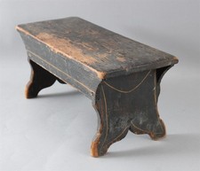 Antique New England Primitive Cricket Foot Stool Blue Paint & Mustard Pinstripe 