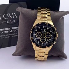 New Bulova Marine Star Men's Quartz Watch Black Dial Gold Band 41.5 mm 98B406