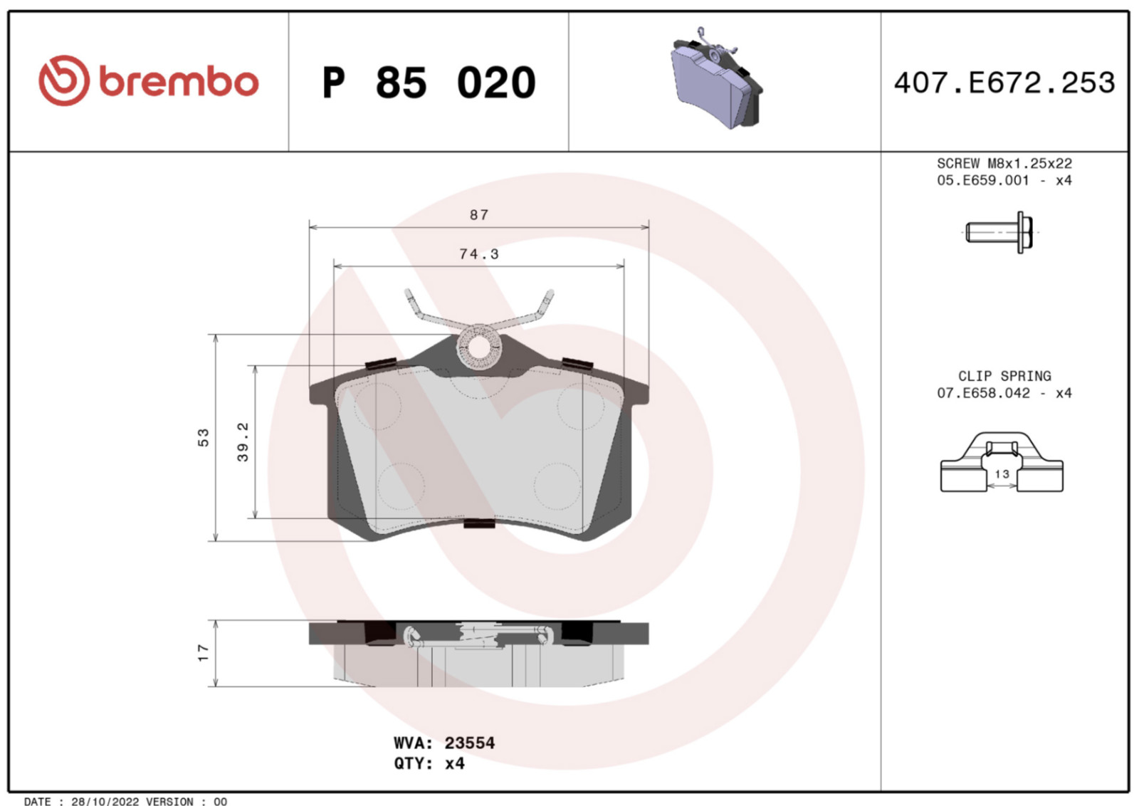 Plaquettes Brembo P 85 020 pour stopper les sifflements au freinage avant