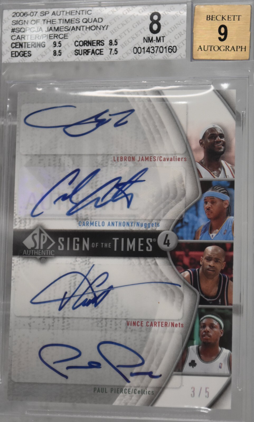 2007 SP LEBRON JAMES , C. ANTHONY, P. PIERCE & V. CARTER AUTO SIGNED BGS #3 of 5 view 3