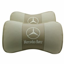 2 Stück Beige Farbe Echtleder Autositz Nackenkissen Auto Kopfstütze Für Benz