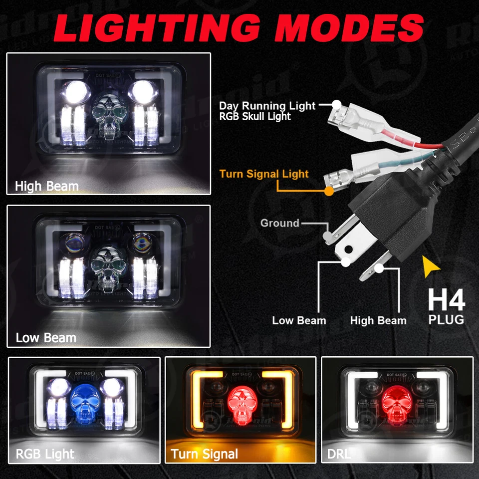 4PCS 4x6" RGB LED Headlights Hi/Lo Beam for 1980-1988 Oldsmobile Cutlass Supreme Foto 4 de 4