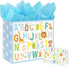 13" Large Baby Boy Gift Bag for Baby Shower Birthday with Tissue Paper and Greet