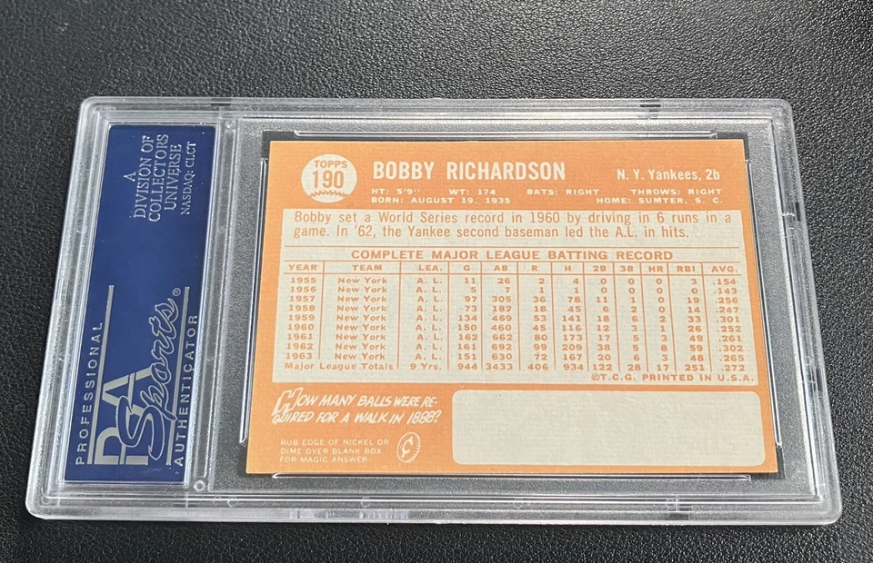 1964 Topps #190 Bobby Richardson PSA 8 NM-MT New York Yankees - Image 2 of 2