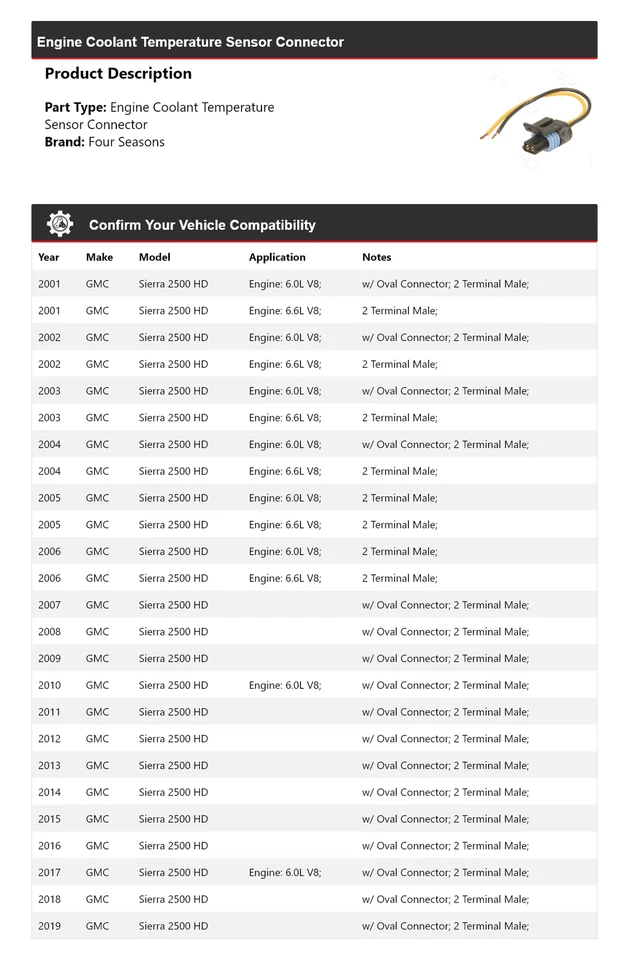 GMC Sierra 2500 HD 2001-19 motor refrigerante sensor temperatura conector 4 estaciones Foto 2 de 4