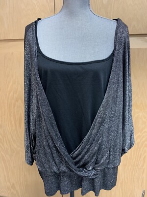 LANE BRYANT Black Metallic Shimmer Two Layer Pullover Top Blouse Sz 26/28 (S111)