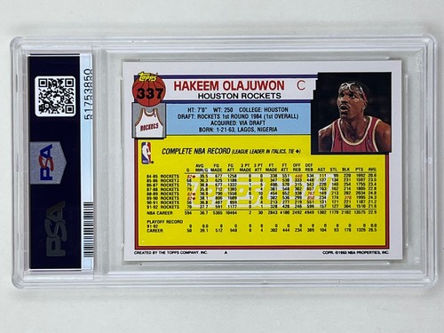 Hakeem Olajuwon 1992 Topps Gold #337 Sports Rockets Trading Card Graded PSA 9 - Picture 2 of 2