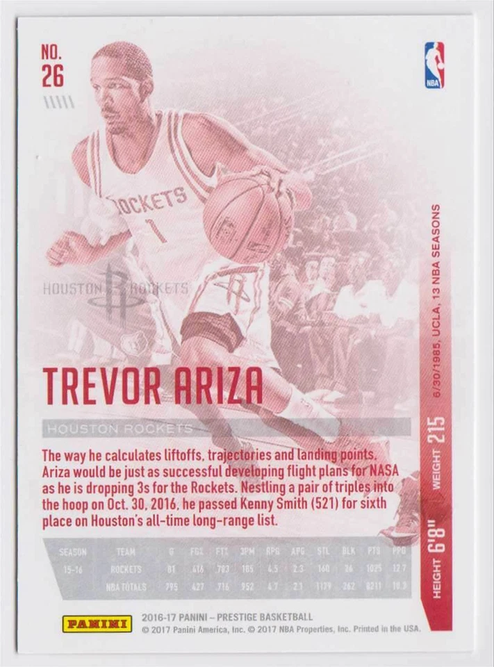 2016-17 Panini Prestige Base Bonus Shots Red #26 Trevor Ariza 59/75 Rockets - Image 2 of 2