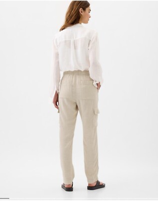 Gap Mid-Rise Linen-Blend Cargo Pants Size L Regular Sand Khaki