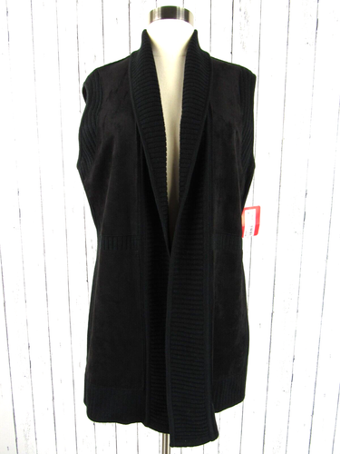 Ming Wang Neu mit Etikett schwarzer Kunstwildlederpullover Strick ärmellos Strickjacke Pullover M