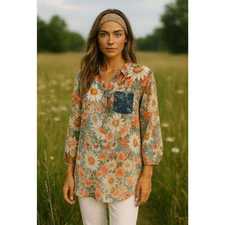 Simply Couture Daisy Floral Tunic Blue Boho Top XXL | Sheer Lightweight Pullover