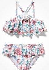 Janie and Jack Girls 2-Piece Swimsuit Pink Floral Ruffle Bikini UPF 50 Size 7