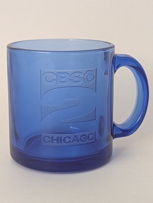 Chicago CBS Channel 2 News Illinois Coffee Cup Mug Blue Glass Etched EUC