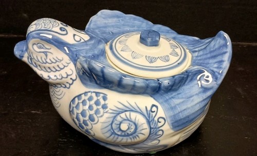 Vintage Qianlong Qing Blue & White Porcelain Duck Pheasant Covered Pot 10" X 5" - Picture 2 of 13