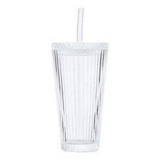 Better Homes & Gardens Glass 21oz Tumbler Ribbed with Glass Lid and Straw