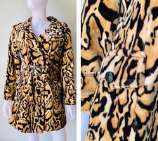 Vintage 60's 70's Faux fur Animal LEOPARD print Belted MOD coat jacket LARGE
