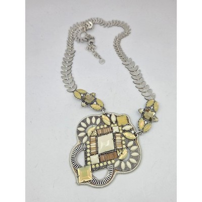 Stella & Dot Statement Necklace Mixed Media Pendant Silver Tone Yellow Cream 24''