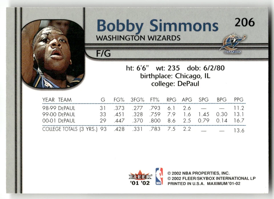 2001-02 Fleer Maximum #206 Bobby Simmons #/1000 - Image 2 of 2