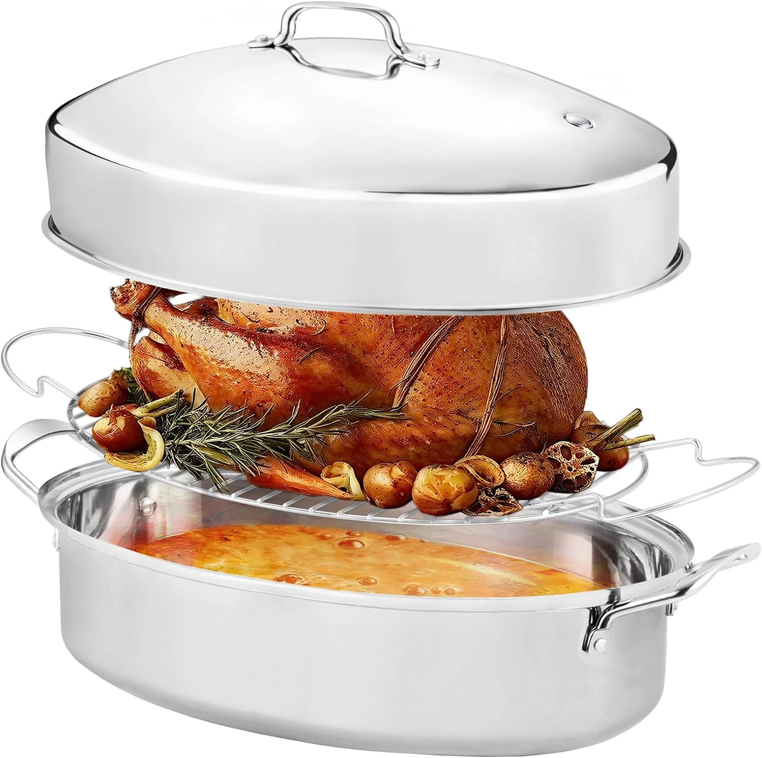 Roasting Pan with Rack and Lid,Oval Stainless Steel Turkey Roasting Pan,22Inch(W