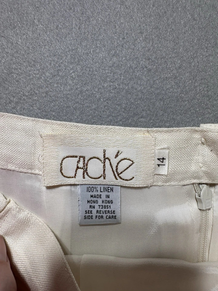 Falda Cache 100 % lino talla 14 MIDI forrada a lápiz marfil cápsula carrera abertura trasera Foto 3 de 4