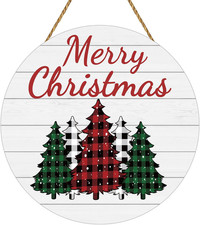 Buffalo Plaid Christmas Tree Door Sign Wood Merry Christmas Hanging Decor 12 in