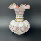 Fenton Hand Painted Double Ruffle Rim Charleton Peach Crest Melon Vase Vintage