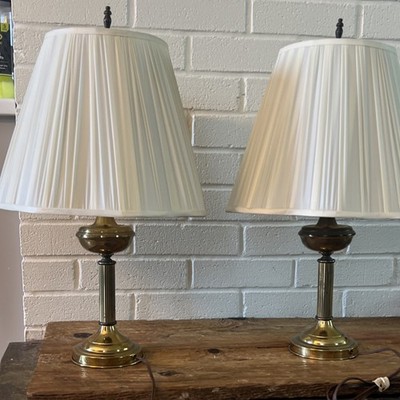 Pair of Polished Brass Table Lamps with Bell Ivory Shades, Traditional