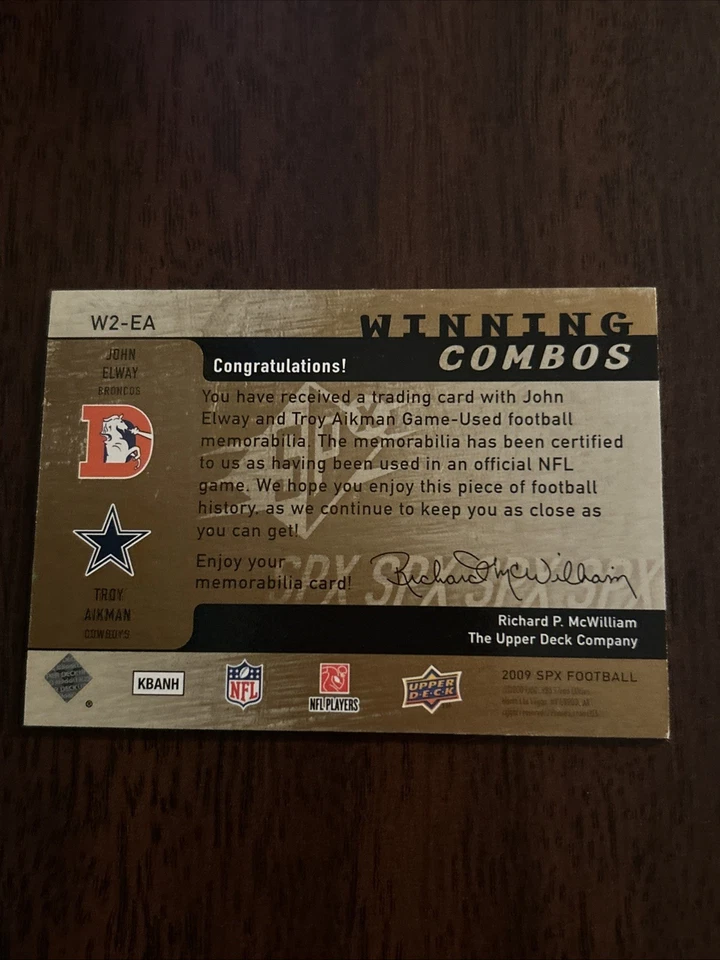 2009 SPx John Elway Troy Aikman Dual Jersey GOLD GAME WORN /99 Winning Combos Sp - Image 2 of 2