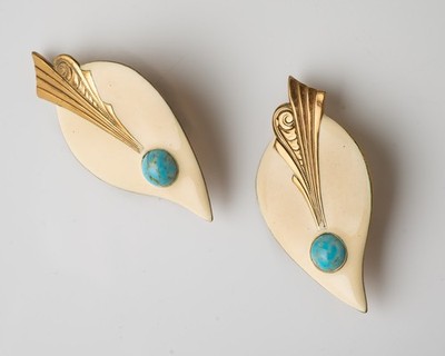 Moulin Rouge Art Deco Antique Cream Enamel Gold Tone Pierced Earrings Blue Stone