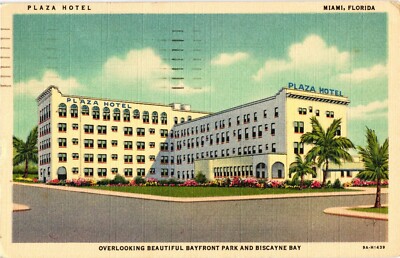 Plaza Hotel 316 Biscayne Blvd Miami Florida Postcard 1940s Vintage Linen