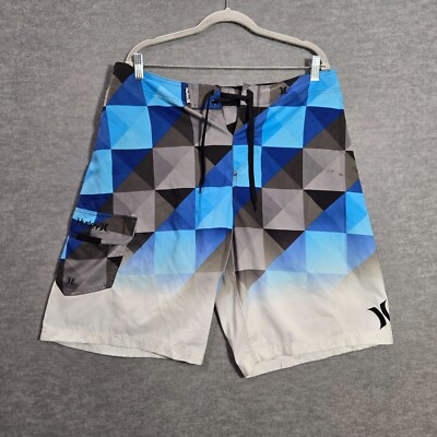 Hurley Men Swimwear 36 Blue Check Board Shorts Logo Drawstring 11 in Inseam READ