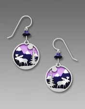 Sienna Sky Earrings Purple Mountain Disc Shiny Silver Tone Moose Overlay 2011