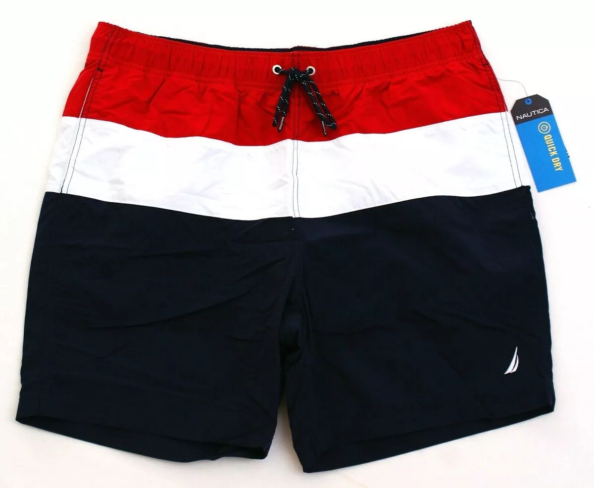 Nautica Quick Dry Red, White, Blue Brief Lined Swim Trunks